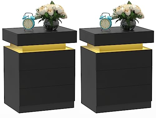 PIPIPOXER 2er Set Nachttisch mit LED Licht, Nachtkommode mit 3 Schubladen und Hochglanz Kommode Nachttisch Nachtschrank Tisch, Led 16 Farben Beleuchtung Beistelltisch für Schlafzimmer, Schwarz