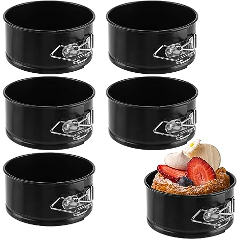 SINJEUN Paquete de 6 moldes redondos negros para tartas de 4 pulgadas, mini molde desmontable con parte inferior extraíble, moldes antiadherentes para tartas de queso para restaurantes, cocina