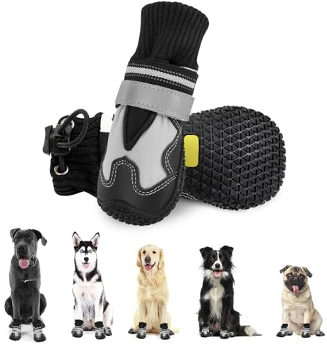 Eyein Hundeschuhe Pfotenschutz Winter, 2 Stück wasserdicht Hundeschuhe mit warmem Fleece und hohem Design, rutschfeste Hunde Schuhe Outdoor mit reflektierendem Klettverschluss, Größe 7