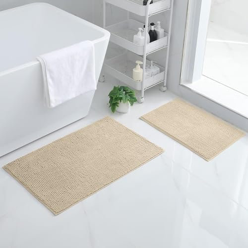 Homaxy Chenille Badezimmerteppich Set 2 teilig rutschfeste Badematte Set Weich Saugfähige Badteppich Set Waschbar Badvorleger - 40x60 cm+50x80 cm, Beige