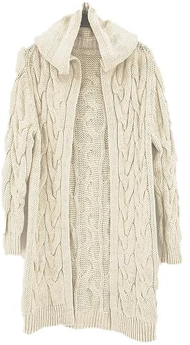 JM CLOTHING New Womens Chunky Cable Knit Cardigan Cape Hooded Longline Cardigan Wiggly Fashion Cream