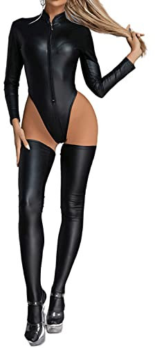 Duohropke Body sexy en latex effet mouillé à manches longues et manches courtes pour femme - En cuir verni - Costume d'Halloween, Noir , XXXL