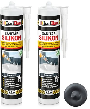 Isolbau Sanitär Silikon 2 x 300 ml Anthrazit - Hochelastischer Silikon-Dichtstoff für Abdichtungen & Fugen – Schimmelresistent, wasserdicht - Kartusche