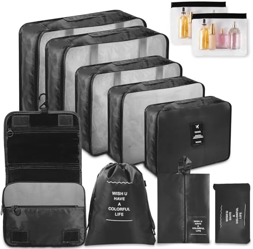WECUTE Koffer Organizer Set, 11-Teilige Packing Cubes Set, Wasserdichte Reise Kleidertaschen,Koffer Organizer für Urlaub und Reisen, Packwürfel Set Reise Würfel (Schwarz)