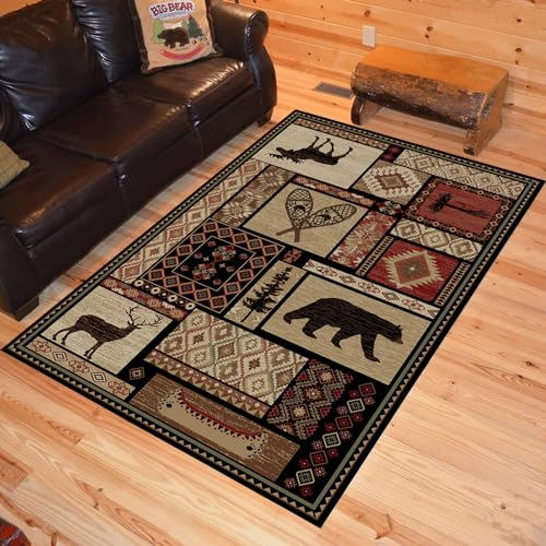 Wildlife Black Bear Area Teppich, 150 x 210 cm, Braun Natur Ahornblatt Elch Hütte Schlafzimmer Teppich, Vintage Stil Wald Geometrisches Plaid Design Wohnzimmer Großer Teppich für Eingang, Wohnzimmer