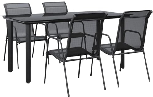 Gecheer 5-TLG. Garten Essgruppe 4 Personen, Gartenmöbel Set, Tisch mit Stuhl, Terassenmöbel, Gartengarnitur für Garten Terrasse, Schwarz Stahl und Textilene