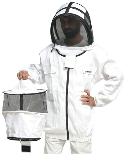 Chaqueta de apicultor de algodón Chaqueta de apicultor profesional Capucha redonda y de cerca Sombrero Chaqueta protectora antipicaduras contra avispas (Blanco, XL)