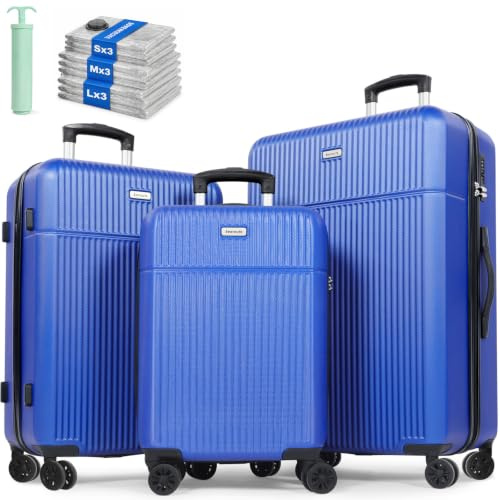 H.yeed Luggage Sets 3, ABS Hard Shell Lightweight Trolley Travel Suitcase Set with 4 Spinner Wheels TSA Lock for Man Women, 21 + 24 + 28-Blue