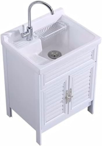 Lavabo en céramique rectangulaire avec planche à laver - Lavabo à linge autonome - Robinet d'eau froide et chaude (taille : 82 x 53 cm)