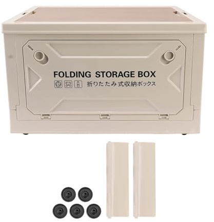 Ejoyous Camping-Aufbewahrungsbox mit Holzdeckel, 50L Camping Kitchen Box Campingbox mit 4 Rollen Kofferraum Organize Faltbar für Auto Campin Picknick (Grau-weiß)