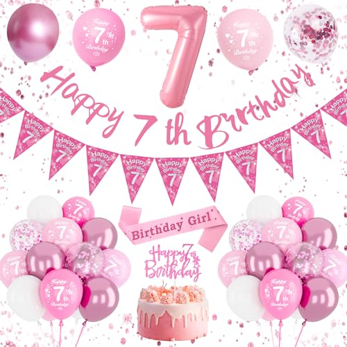 Palloncini 7 Anni Rosa, Addobbi Compleanno Bambina, Numero 7, Striscione Happy 7th Birthday, Coriandoli in Lattice Rosa per Feste