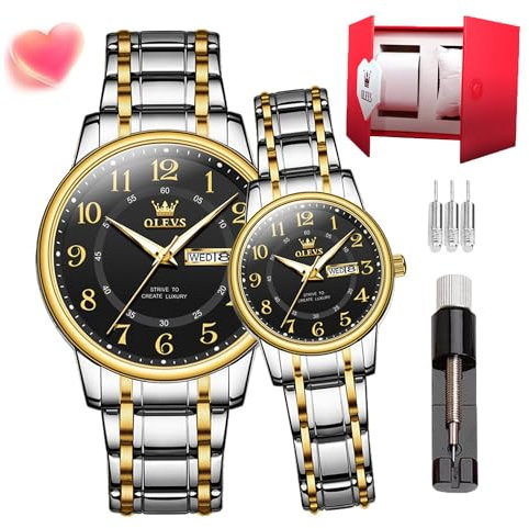 OLEVS Pärchen Quarzuhr Edelstahl Paar Hochzeit Romantischer Ausdruck Mann Tag Nacht Glow Kalender Wasserdicht Casual Herren und Damen Uhr, 2891 Uhrarmband, goldfarben, Schwarz, Paar-Stil, Liebhaber