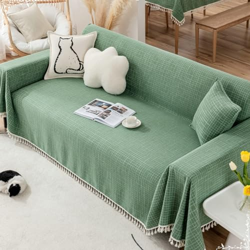 Epinki Sofaüberwurf, 180x300CM Sofaüberwurf Zweisitzer mit Quaste Einfarbig Muster, Kratzfester Sofahusse aus Baumwolle Leinen für Wohnzimmer, Grün