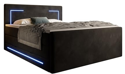 wonello Monaco Boxspringbett 180x200 mit Bettkasten und LED-Beleuchtung - gemütliches Bett mit LED - Stauraumbett 180 x 200 cm mit Matratze und Topper - Samt-Stoff schwarz - H3/H4