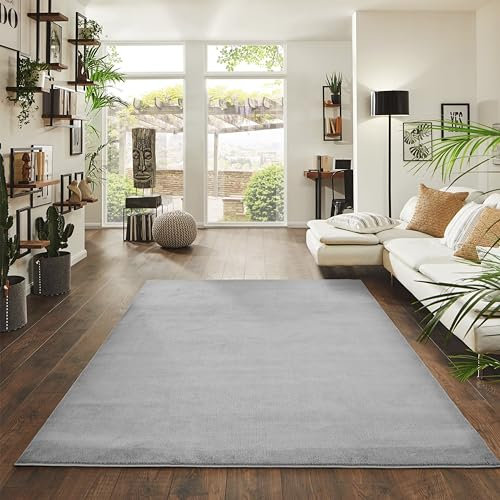 Jimri Flauschiger Teppich Läufer - Hochwertiger Kurzflor für Zuhause, Büro, Küche, Eingang, Flur, Wohnzimmer - Maschinenwaschbar - Rutschfester Teppich Waschbar - 140x200 cm - Silber