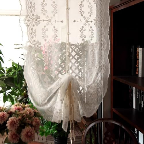 A.Monamour Raffrollo mit Schlaufen Raffgardinen Bindegardine Schlaufenrollo Weiß Transparent Stickerei Voile Spitze Gardine Vorhang Store für Küche Fenster, Rod Tasche/Pinch Pleat, 1 Stück