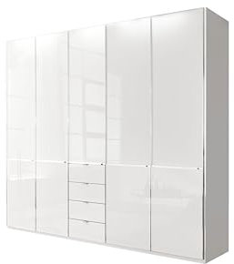 WIEMANN Drehtürenschrank mit 4 Schubkästen hochwertiger Kleiderschrank Schlafzimmerschrank 250cm breit, mit Schubladen, Glas Weiß, Höhe 216cm, Shanghai