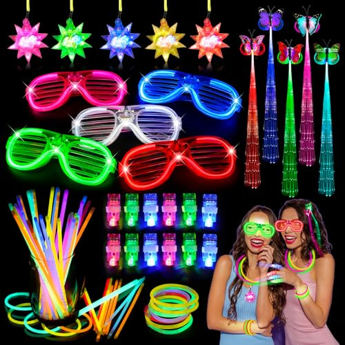 Occhiali LED 77 Pezzi LED Luminosi Fluorescenti Giocattoli Set, Braccialetti Luminosi, Luci da Dito LED, Luci per Capelli a Fibre Ottiche, Gadget Compleanno Bambini per Party, Feste e Carnevale