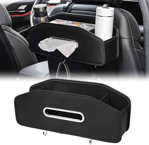 Qirc Car Seat Back Organizer with 2 Cup Holder, Headrest Backseat Hanging Storage Box with Hooks, Multifunctional Car Rear Seat Tissue Box Storage for Home and Travel (Black)