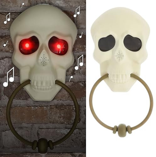 Cepewa Halloween Türklingel Totenkopf animiert | 13x28x2,5cm Kunststoff | Sound leuchtende Augen Klingel zum Aufhängen Gruseldekoration (1 x Türklingel Totenkopf)