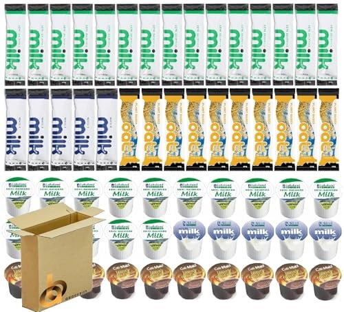 60pc UHT Milk, Oat Drink & Creamer Selection – Single-Serve Hotel Catering Set – Semi Skimmed, Whole Milk, Coffee Creamer, Vegan Oat Sachets – Sticks & Pots Lakeland