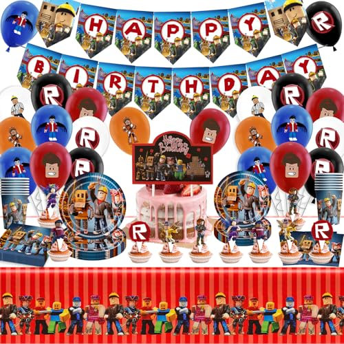 Partygeschirr Geburtstagsdeko Rob-lox Geburtstag Deko, 95 Stück Robot Geburtstag Partygeschirr Kit mit Teller Servietten Balloon, Thema Party Geschirr Zubehör Set Kindergeburtstag für 20 Gäste