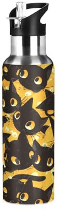 Niigeu Chaton Chat Fantôme D'Halloween Bouteille d'eau Isotherme avec Paille en Acier Inoxydable Gourde, Sans BPA Gourdes Eau pour Enfant Sport Randonnée École Bureau (600ml/1L)