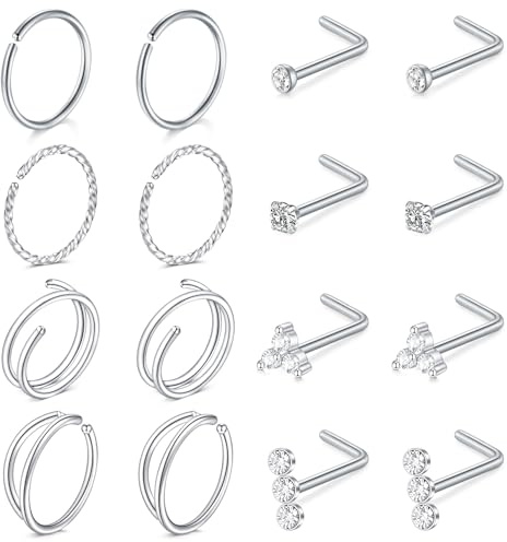 LAURITAMI Nose Ring Nose Stud Set, Stainless Steel L-Shaped Nose Stud Double Nose Hoop 20G Gold Silver Nose Piercing Jewelry for Women Men, Pack of 10 Pieces