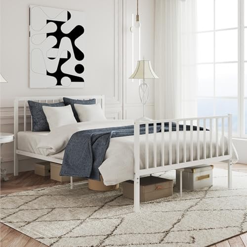XINBEDEU Small Double Metal Bed Frame 4ft6 Modern Style Bed Frame with Headboard and Footboard, Under-bed Storage, No Box Spring Needed (White, Double)