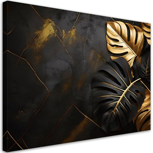 Feeby Viles - Leinwand Bilder - Monstera Blätter Glamour - 120x80 cm - Deko Wohnzimmer - Wandbilder Schlafzimmer - Deko Aesthetic - Wand Deko - Leinwand Groß - Deko Zimmer - Leinwandbilder XXL