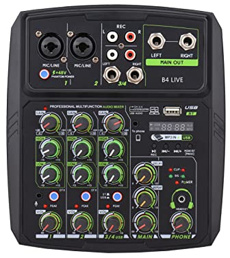 ACAGALA 4-Kanal-Audiomixer Mischpult LED-Bildschirm Integrierte Soundkarte USB-BT-Anschluss mit 2-Band-EQ Gain-Delay Wiederholungssteuerung Aufnahmefunktion für Live-Übertragungen
