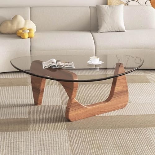 WappiGo Couchtisch aus Glas, Mid Century Couchtisch mit dreieckigem Massivholzsockel und verdicktem gehärtetem Glas, für Wohnzimmer, Homeoffice, 83 × 57 × 40 cm
