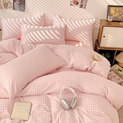Covebett Housse de Couette 240x260 Rosa Blanc à Carreaux Vichy Parure de Lit Adulte Microfibre Géométriques Aesthetic Linge de Lit RéVersible avec Fermeture éClair 2 Taies d'oreiller 65x65 cm