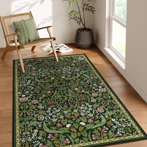 Moynesa Teppich, Boho-Teppich, waschbar, für Wohnzimmer, rutschfest, weich, für Schlafzimmer, botanisch, ultradünn, für Küche, Eingangsbereich, Nachttisch, Grün