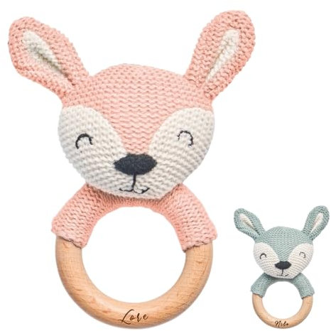 Manufaktur Liebevoll | Beißring Personalisiert Greifling Baby ab 0 Monate Babyrassel mit Name Geschenk Name Baby Geburt Mädchen Junge Greifring Greifling (Reh Rosa)