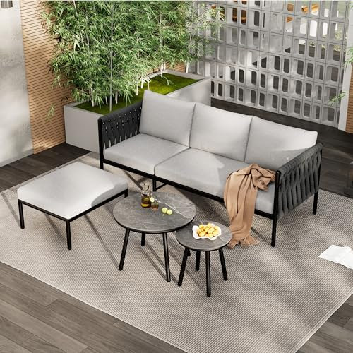 Laxnb Gartenmöbel Set Balkonmöbel Garten Lounge Möbel Outdoor Eckgarnitur, 3er Sofa, 2 Couchtisch und Fußhocker, Gartenlounge Balkon Terrassemöbel, Dickes Seilgeflecht, Glastischplatte, Grau