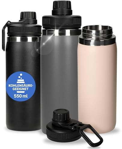 Trinkflasche Edelstahl 550 ml vakuumiert & kohlensäuregeeignet in Grau | 550 ml, Edelstahl, kohlensäuregeeignet, vakuumiert, Schule, Sport, Outdoor, langlebig, Wasserflasche