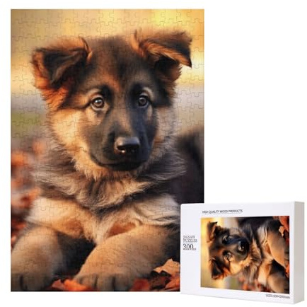 Niedlicher deutscher Schäferhund Welpe, gedrucktes Puzzle mit Aufbewahrungsbox, Holzpuzzle für Erwachsene und Kinder, 300 Teile, Familienspaß, dekoratives Spiel