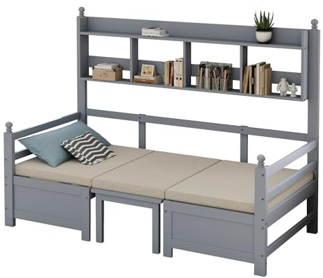 SOFTWEARY Funktionsbett mit Bettfunktion, Liegefläche umbaubar zur Sitzgruppe, Einzelbett mit Regal, Holzbett, Gästebett (grau, 90x200 cm)