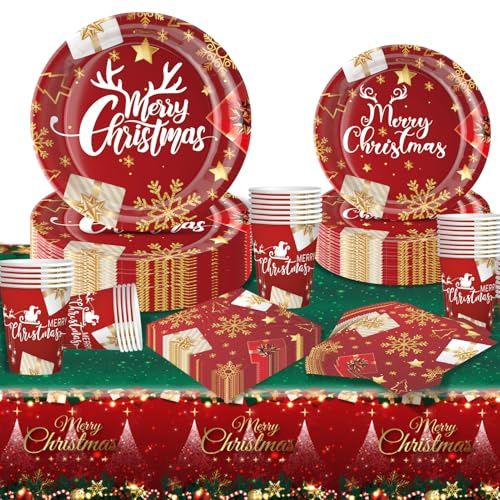 Meriviva 97 Pcs Christmas Party Tableware, Christmas Paper Plates Set with Paper Plates and Napkins Cups Tablecloth Party Table Decorations