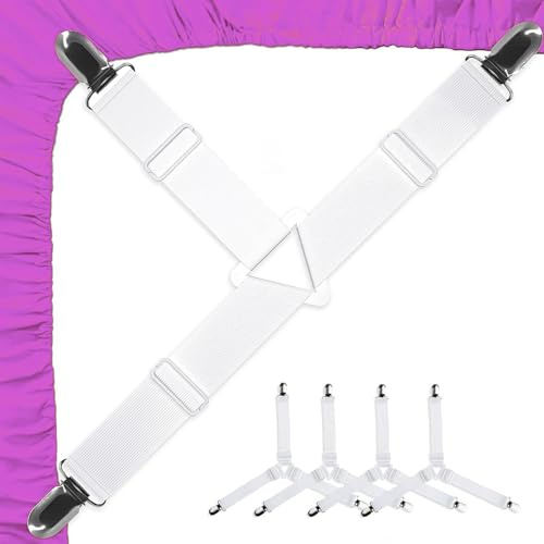 Lot de 4 tendeurs de draps blancs réglables avec clips élastiques | Tendeur triangulaire pour drap de lit