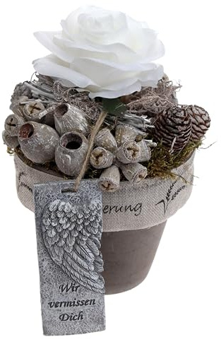 Grabschmuck Tontopf mit Wachsrose weiß, wetterfest CreaFlor Home