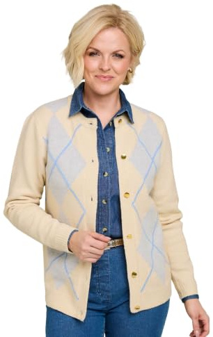 Amber Ladies Soft Knit Argyle Gold Button Cardigan