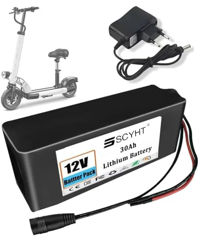 SSCYHT Rechargeable Battery 12V 30Ah Lithium Battery 12V Scooter Batteries 30Ah Li-ion Batteries for Skateboard with Charger for 50W - 350W Motors,12V30Ah Black