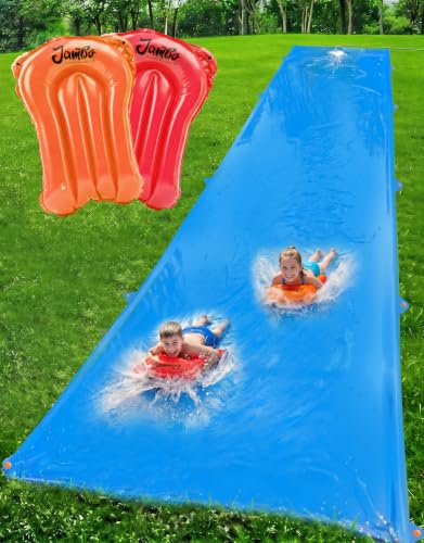 JAMBO XXL Mega-Wasserrutsche und 2 Bodyboard-Update-Modelle, extra lang, extra breit, Spritzschutz und Rutsche für Kinder, robuste Wasserrutsche für Hinterhof, Rasen, Outdoor-Wasserspielzeug