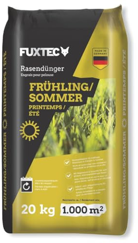 FUXTEC concime per prato primavera/estate FX-RDFS20, concime per prato ricco di azoto per una crescita uniforme, 20 kg di granuli per circa 1000 m², apporto nutritivo di lunga durata