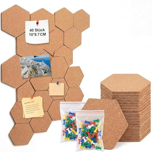 Katyjun 40 Stück Pinnwand Kork 1 cm Dicke Korkplatten mit 100 Farbigen Stiften, Filz Wandpaneele Zum Befestigen von Fotos und Notizen, Pinwand Korktafel Hochwertiges Korkmaterial