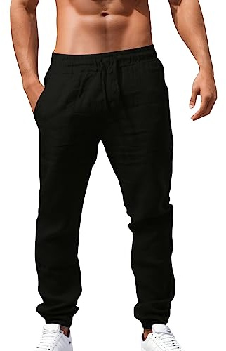 Luadnysin Leinenhose Herren Lang,Leichte Sommerhose Herren Slim Fit Freizeithose mit Kordelzug Urlaub Strand Yoga,S-5XL