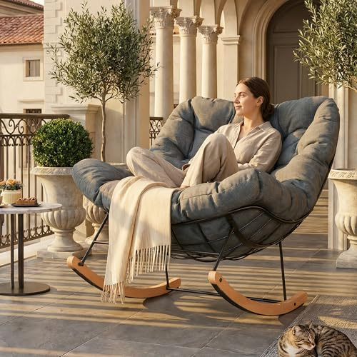 FLEXISPOT Schaukelstuhl Garten, Schwingsessel mit Kopfkissen, wasserfester Bezug, gepolsterter Relaxstuhl bis 159 kg, für Wohnzimmer, Schlafzimmer, Balkon, Grau
