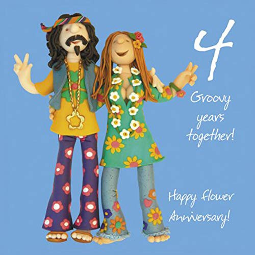 Holy Mackerel fun flower themed 4th wedding anniversary card for a couple - designed by artist Erica Sturla - 15cm square and blank inside for your message - made in the UK
